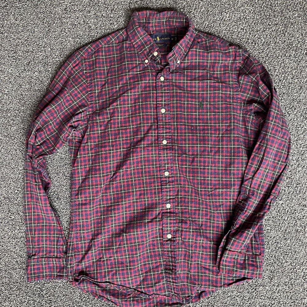 Ralph Lauren Custom Fit Long Sleeve Red Green Yellow Plaid Shirt Mens